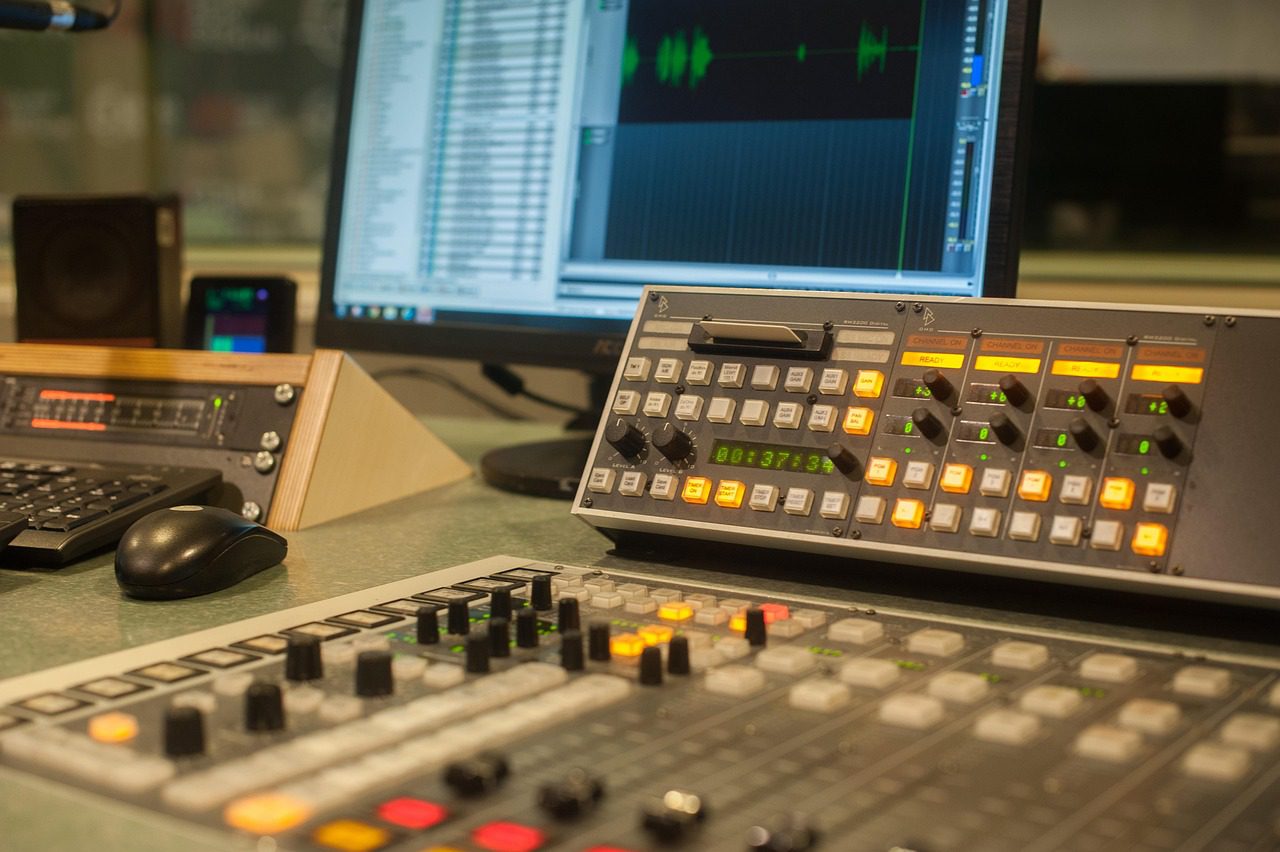 Broadcast audio control room used for radio production
