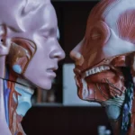 Two mannequin heads facing each other in dramatic lighting