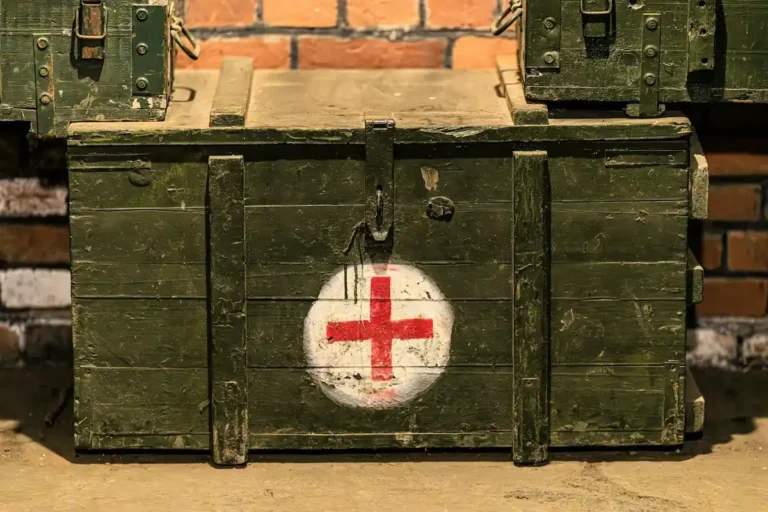 Military medical supply crate with red cross symbol