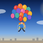 Illustration of Lawnchair Larry seated in a lawn chair lifted by a cluster of balloons over a city skyline
