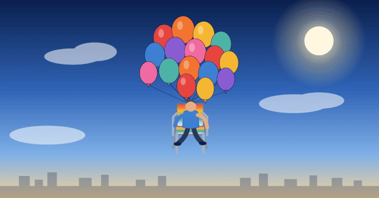 Illustration of Lawnchair Larry seated in a lawn chair lifted by a cluster of balloons over a city skyline