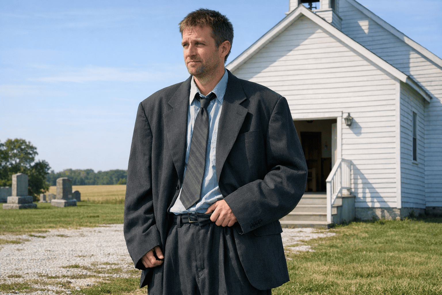 A man in his late brother's oversized suit standing outside a small country church